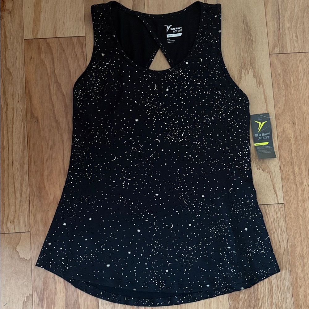 Old Navy active galaxy black tank top go-dry fitted open back S NWT moon star